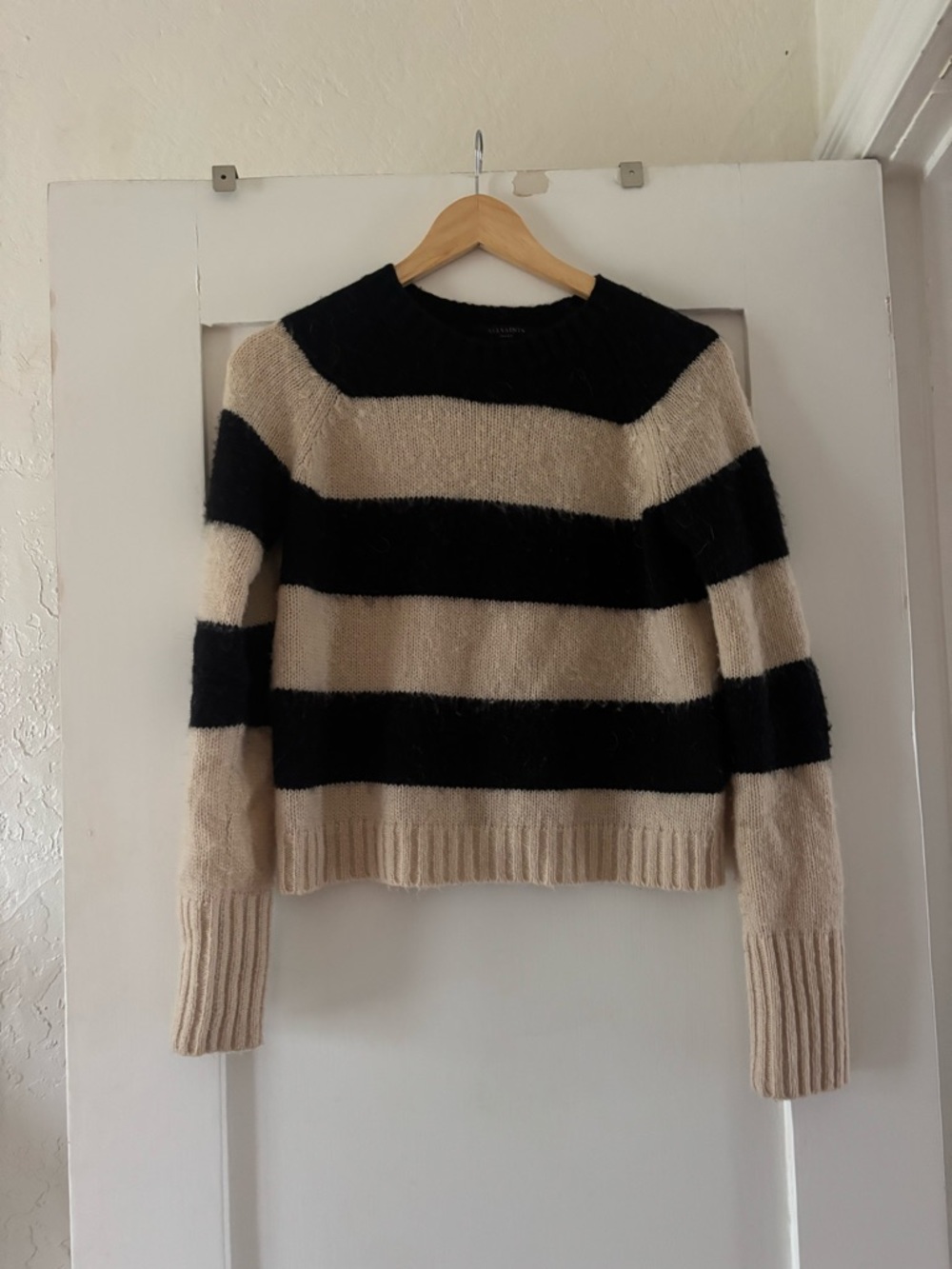 AllSaints Black and Cream Striped Crew Sweater